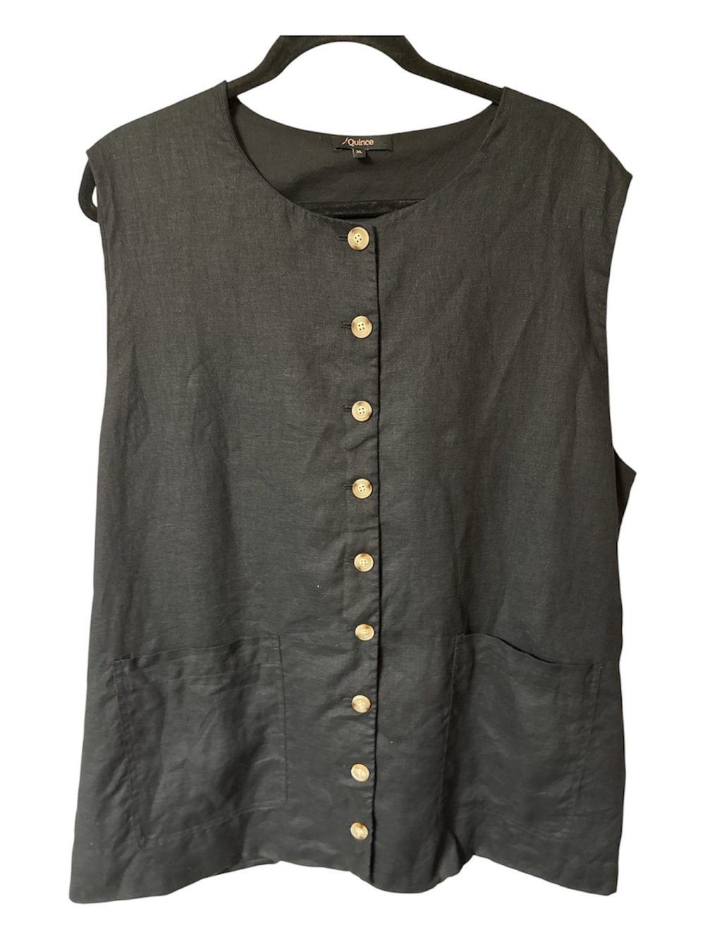 Quince 100% European Linen Longline Vest Black Sleeveless Button-Front XL